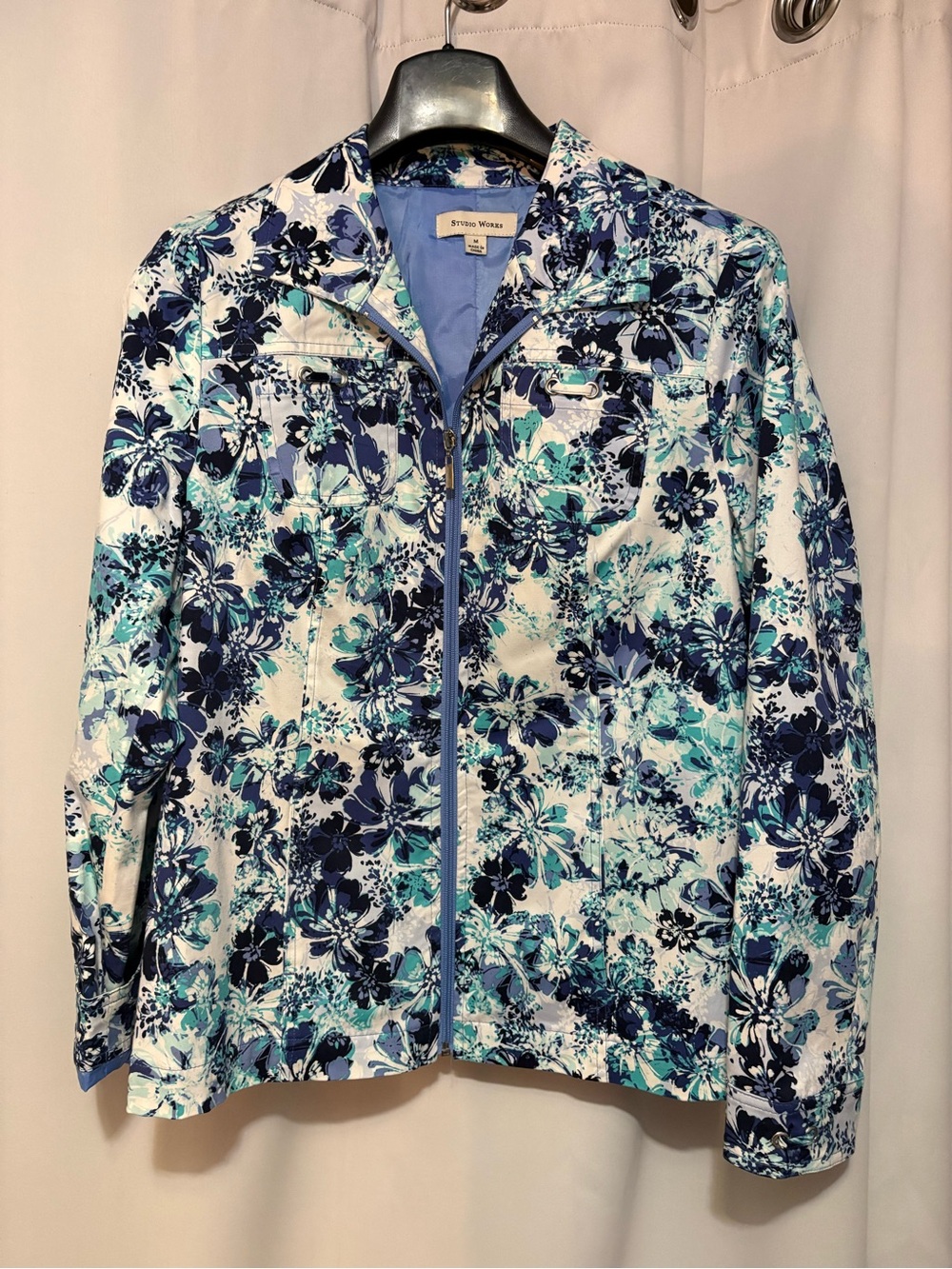 Studio Works Navy, Teal & White Floral Zip-Front Jean Jacket